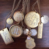 Antiqued Large Framed Gold Disc Initial Necklace