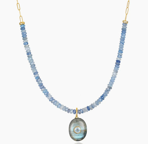 Beaded Oval Paperclip Necklace-Kyanite, Labradorite & Topaz